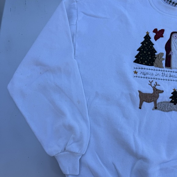 90s Valorie's Folk Art Applique Christmas White Festive Grandma Sweatshirt XL - Picture 4 of 9